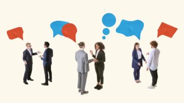 Hareketi durdur. Animasyon. Çalışanlar iş sorularını tartışmak ve karlı fikirler geliştirmek için bir araya geliyorlar. Kariyer geliştirme, büyüme, terfi, kurumsal işbirliği kavramı