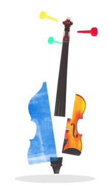 Çağdaş stop hareketi. Animasyon. Mavi ve kırmızı yarımlı soyut keman, geleneksel ve dijital müzik karışımını temsil ediyor. Festivaller, konser ve partiler kavramı, klasik ve modern sanat.