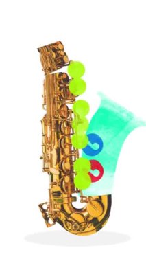 Çağdaş stop hareketi. Animasyon. Soyut yeşil baloncuklu saksafon ve renkli sayılar, caz ve sayısal ahengi akla getiriyor. Konser ve partiler kavramı, klasik ve modern sanatın birleşimi