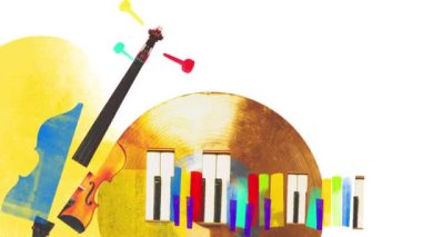 Çağdaş stop hareketi. Animasyon. Kemanın soyut sanat eserleri, renkli piyano tuşları ve klasik ve modern müziğin birleşimini sembolize eden vinil plaklar. Müzik festivalleri, konser ve partiler kavramı