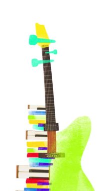 Çağdaş stop hareketi. Animasyon. Soyut renkli şekilli elektro gitar. Yaratıcılık hissi ve müzikal yenilik. Festivaller, konserler ve partiler konsepti, klasik ve modern
