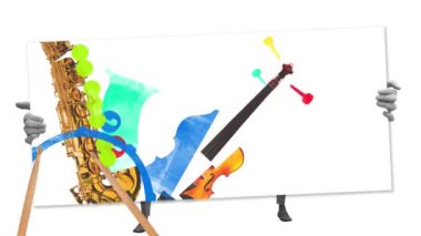 Çağdaş stop hareketi. Animasyon. Gerçeküstü saksafon, gitar, but ve bu sanat eserini tutan kişi. Müzik festivalleri, konser ve partiler, klasik ve modern sanatın birleşimi. Ad.