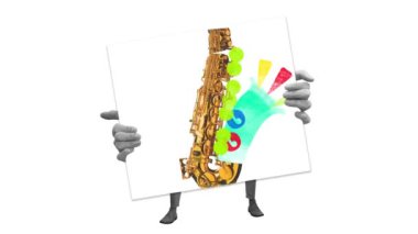 Çağdaş stop hareketi. Animasyon. Saksafon, renkli baloncuklar ve soyut şekiller insanın elinde. Müzik etkinliği reklamı. Festivaller, konser ve partiler kavramı, klasik ve modern.