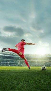Dikey oryantasyon. Futbolcu güçlü bir tekmeye hazırlanıyor, taraftarlarla dolu güneşli stadyumda topa vurmaya hazırlanıyor. Spor oyunları konsepti, yarışma, şampiyonluk, turnuva. Ad
