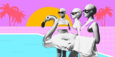 Çağdaş sanat kolajı. Havuz kenarındaki canlı sahnelerden yapılmış mayo giymiş kadınlar flamingo şamandıralı pozlar veriyorlar. Giysileri retro-esinlenilmiş yaz arkaplanlarıyla kusursuz bir şekilde harmanlanır. Sıcak yaz günleri kavramı