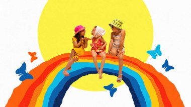 Poster. Çağdaş sanat kolajı. Küçük kızlar büyük gökkuşağının üzerinde oturuyorlar, arkalarında sarı güneş ve etrafta uçuşan kelebekler var. Plaj tatili, turizm, çocukluk, yaz tatili kavramı. Ad