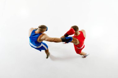 İki boksör iş başında, biri kırmızı dişli, diğeri mavi dişli, beyaz stüdyo arka planına yumruk atıyor. Profesyonel dövüş sporu kavramı, sağlıklı yaşam tarzı, rekabet. Ad