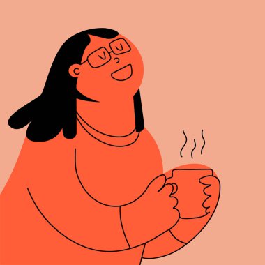 Portakal renkli gülümseyen, bardaklarını tutan, sıcak içeceklerin tadını çıkaran bir karakter. Evde sıcacık vakit geçiriyoruz. Yaratıcı vektör çizimi. El çizimi. Yaratıcılık kavramı, insani duygular, boş zaman