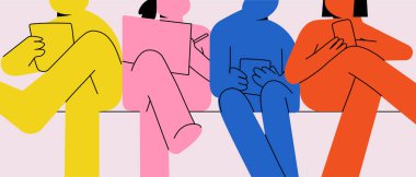 Dijital cihazlar kullanarak sırada oturan dört renkli karakter. İş arkadaşları, birlikte çalışan çalışanlar, iş, takım çalışması, modern teknoloji kavramı. Yaratıcı vektör çizimi. El çizimi