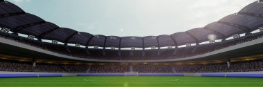 Modern futbol stadyumunun yemyeşil sahası, heyecanlı taraftarlarla dolu. Açık hava sahası, geniş açı. Pankart. Spor, etkinlik, yarışma, turnuva, canlı oyun kavramı