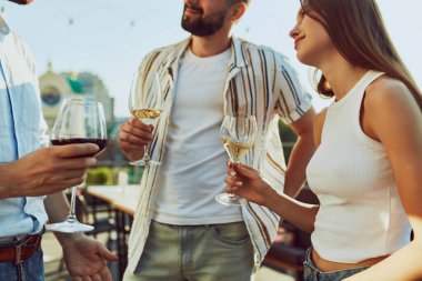 Arkadaşlar gün ışığında toplanır, kadehlerini kaldırarak dostluklarını kutlarlar ve güzel günlerini dışarıda kutlarlar. Parti, cuma günü ruh hali, kutlama, yaz tatili kavramı..