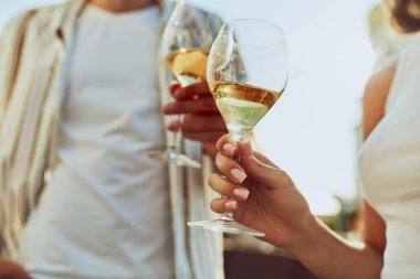 Arkadaş grubunun yakın bir fotoğrafı kadehlerini sevinçle tokuşturur, günün sıcaklığında güneşlenirler. Şenlik havası. Parti anlayışı, Cuma havası, kutlama, yaz tatili, rahatlama.