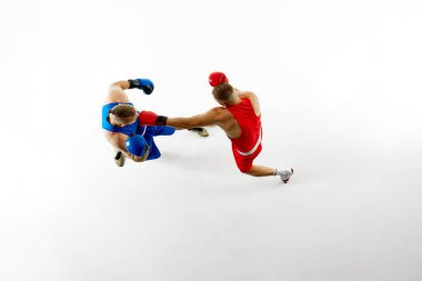 İki boksörün dinamik hava görüntüsü, beyaz stüdyo arka planına karşı mavi rakibi hedef alan kırmızı dövüşçüleri yakalıyor. Profesyonel dövüş sporu kavramı, sağlıklı yaşam tarzı, rekabet. Ad