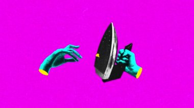 Çağdaş stop hareketi. Elleri morumsu arka planda eski bir buharlı demirden yapılmış. Canlı soyut animasyon. Sanat anlayışı, klasik şeyler, eski ve modernliğin karışımı. Ad