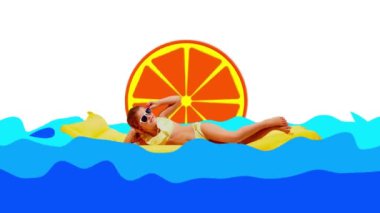 Stop motion. Animation. Little girl relaxing, swimming in abstract waves of ocean on inflatable mattress against citrus slice as sun. Concept of summer holidays, vacation, adventures, rest.