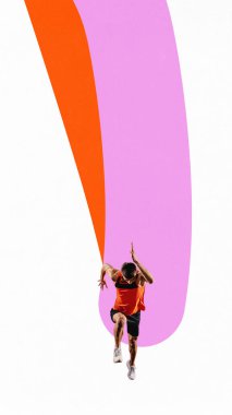 Poster. Çağdaş sanat kolajı. Beyaz arka planda dinamik renkli çizgilerle koşan rekabetçi genç bir adam. Spor anlayışı, rekabet, sağlıklı yaşam tarzı. En düşük tasarım.