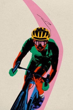 Poster. Çağdaş sanat kolajı. Motive olmuş, şampiyonada zafere odaklanmış pembe yolda bej arka planda bisiklet süren bisikletçi. Spor, hareket, hız, maraton, rekabet kavramı