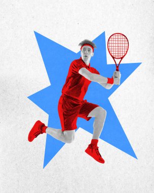 Poster. Çağdaş sanat kolajı. Atletik bir adam, tenisçi havada zıplıyor ve gri arka planda mavi yıldızla topa vurmaya hazır. Dokulu spor anlayışı, hobi ve eğlence anlayışı. Ad