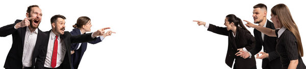 Two groups of professionals, passionately arguing and pointing fingers during intense of political disagreements and debates. Concept of transition, political parties, democracy, power of voice.