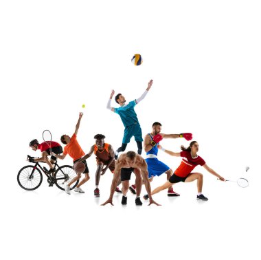 Dinamik kolaj. Çeşitli spor bisikletleri, tenis, basketbol, voleybol, boks ve badminton sporcuları beyaz stüdyo geçmişlerine karşı. Takım ve bireysel spor anlayışı. Ad
