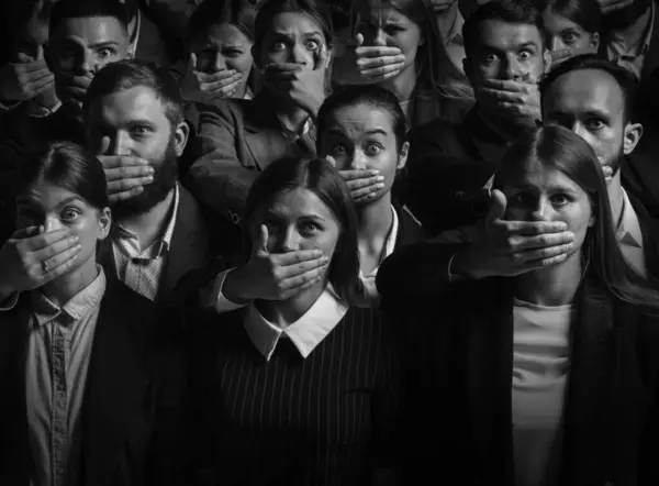 stock image Group of people, as nation, stands with their mouths covered. Suppression of speech and silencing of voices of truth. Concept of democratic values, elections, power of voice, freedom.