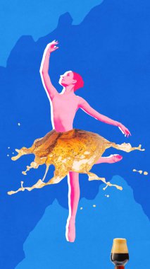 Poster. Çağdaş sanat kolajı. Pembe tonlu balerin, canlı mavi arka planda biradan yapılan etekle zarifçe poz veriyor. Bira festivalleri, Ekim Festivali, parti, müzik ve dans kavramı.