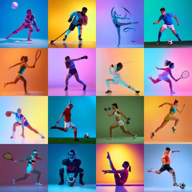 Sporcuların dinamik kolajı çeşitli spor eğitimleri boyunca neon ışığı altında canlı renkli arka plana karşı. Spor, rekabet, maç, takım, oyun, aksiyon kavramı. Ad