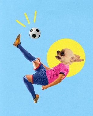 Çağdaş sanat kolajı. Futbolcu mavi zemine karşı havadayken pas veriyor. Gerçeküstü sanat eserleri. Spor anlayışı, hayvanlar, uyum, sağlıklı ve aktif yaşam tarzı, mizah. Ad