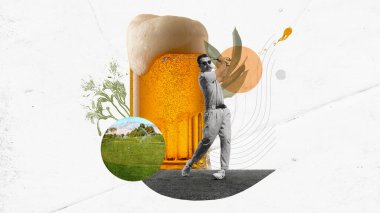 Poster. Çağdaş sanat kolajı. Golfçü köpüklü bira bardağının önünde güven içinde sallanıyor, oyunun zarafetiyle soğuk birayı birleştiriyor. Kutlama ve spor etkinlikleri kavramı, rekabet, zafer