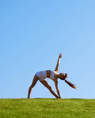 Doğada sakin bir an, esneme ya da yoga, vücut dünyayla bağlantı kurarken uyum ve rahatlama. Zihinsel ve fiziksel sağlık kavramı, eğlence, denge, doğa.