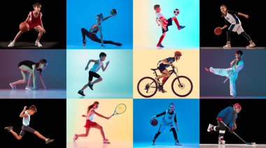 Genç sporcular iş başında, her biri sporlarında başarılı. Gençlik enerjisi. Genç sporcular neonlu renkli arka plana karşı hareket halindeler. Spor anlayışı, sağlık, sağlıklı yaşam tarzı, hareket. Ad