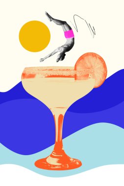 Poster. Çağdaş sanat kolajı. Canlı pembe şortlu dalgıç, tropikal kokteyllerin üzerinde dalgaların ve parlayan güneşin altında takla atar. Kutlama konsepti, tatil, alkol içeceği, cuma havası. Ad