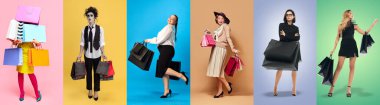 Kolaj. Değişik kadın portreleri renkli kıyafetler içinde alışveriş torbaları taşıyor, her biri benzersiz bir stil yayıyor, tatil satışının heyecanını temsil ediyor. Kara Cuma kavramı, satış, alışveriş.