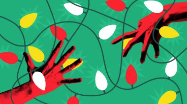 Poster. Çağdaş sanat kolajı. İki el şenlik ışıklarına dolanmış kırmızı ve sarı ampuller yeşil zemin üzerinde parlıyor. Tatil anlayışı, Noel anlayışı, şenlik havası. Tebrik kartı.