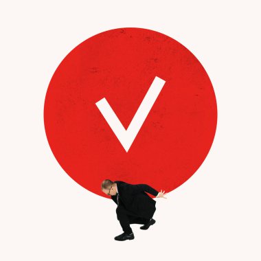 Poster. Çağdaş sanat kolajı. İşadamı, sorumluluk ve sorumluluk yükünü simgeleyen işaretli büyük kırmızı çemberi destekliyor. İş araştırması kavramı, inceleme, girişim.