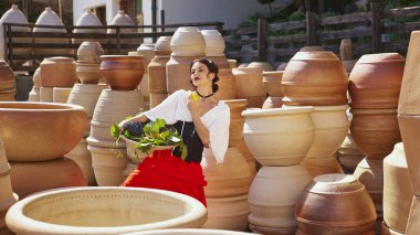 Elindeki üzümler, düşünceli poz veren bir kadın. Etrafı karmaşık çömlek tasarımlarıyla çevrili. Hasatın somutlaştırıcı özü. Yaz sonu kavramı, hasat, seyahat, doğal güzellik, kültür.