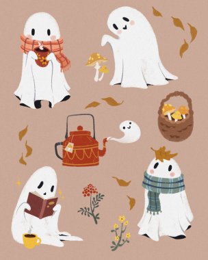 Çizim stili. Samimi hayalet karakterler çaylarını yudumluyor, kitap okuyor, herhangi bir etiket setine güzel bir sonbahar havası katıyor. Sonbahar olayları kavramı, şenlikli ruh hali, ürkütücü ve şenlikli ruh hali..