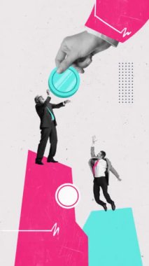 Hareketi durdur. Yaratıcı animasyon. Bir el yetenekli bir işadamına para verir, diğeri daha aşağıda durur ve zengin parası için zıplar. İş ve finans kavramı, kişisel finans yönetimi