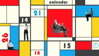 Poster. Contemporary art collage. Modern calendar grid where different business people occupy spaces of each day, hinting at varied activities. Concept of business and tasks, time-management, teamwork clipart