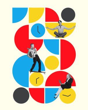 Poster. Çağdaş sanat kolajı. İşçiler paten kayıyor, meditasyon yapıyor ve saatli renkli geometri figürlerine karşı dizüstü bilgisayarda çalışıyor. İş ve görev kavramı, zaman yönetimi, takım çalışması. Ad