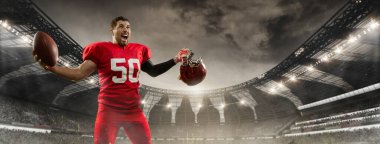 Pankart. Zafer anı. Adam kaskını kaldırdı, diğerinde futbol var. Kalabalık arkasından kükredikçe oyuncu sahada zaferle bağırıyor. Stadyumun 3 boyutlu görüntüsü. Spor, turnuva, oyun etkinliği kavramı