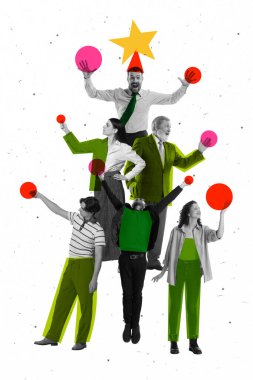 Poster. Çağdaş sanat kolajı. Bir grup işçi tatil ağacı gibi üst üste yığılarak neşeli bir atmosfer yaratıyor. İş yerinde takım çalışması ve kutlama. İş ve tatil kavramı, selamlama.