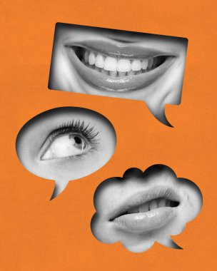 Çağdaş sanat kolajı. Göz, dudaklar ve ağız yakın plan çekimleri, turuncu arka planda konuşma baloncuklarıyla kaplı. Sosyal medya kavramı, Kara Cuma, iletişim, propaganda. Ad