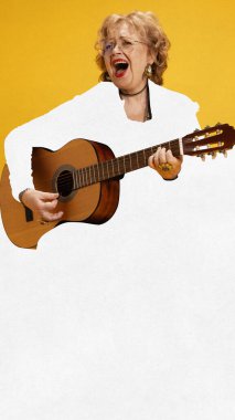 Çağdaş sanat kolajı. Kadın gitar çalıyor ve şarkı söylüyor, ama sarı kurumsal arkaplanda kayboluyor, iş dünyasının gizlenmiş yaratıcılığını simgeliyor, zorunlu iyimserliği. Modern dünya konseptinde emekliler.