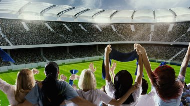 Gün ışığında, taraftarlar eşarp tutarken ve tezahürat yaparken çatıdaki stadyumda yeşil alana bakıyorlar. Güneş sahne boyunca yumuşak gölgeler bırakır. Spor eşitliği, şampiyonluk, kutlama, zafer kavramı. Ad