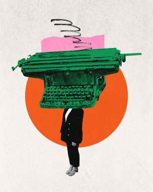 Çağdaş sanat kolajı. İnsanların düşünceleri ve iletişimleri tarafından nasıl tüketilebileceğini gösteren büyük bir daktilo kafanın yerini alıyor. İş kavramı, propaganda, fikirler, içerik.