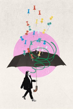 Contemporary art collage. Woman with umbrella protects herself from colorful rain of pins, symbolizing protection from sharp critiques. Concept of shielding oneself from external judgment. clipart