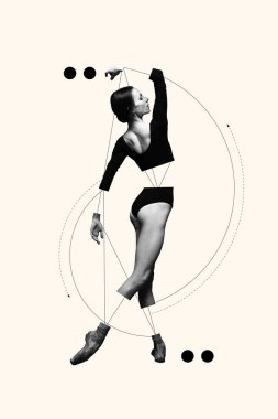 Poster. Çağdaş sanat kolajı. Dansçı hassas dengede, hareketin doğal kıvrımlarını arttıran temiz, dairesel geometriyle vurgulanmış. Dans ve müzik kavramı. Asgari sanat tasarımı.