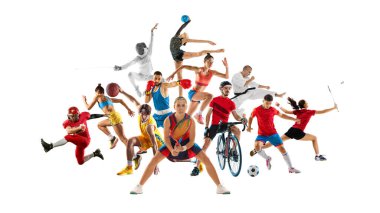 Farklı disiplinlerden atletlerin güçlü bir derlemesi, çeşitli spor becerileri ve beyaz arka plana karşı takım ruhu sergiliyorlar. Farklı spor türleri, şampiyonluk, lig kavramları. Ad