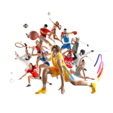 Farklı sporlardan sporcuların kolajı, beyaz arka plana yerleştirilmiş, atletizm yarışmasının canlılığını kutluyorlar. Farklı spor türleri, şampiyonluk, lig kavramları. Ad
